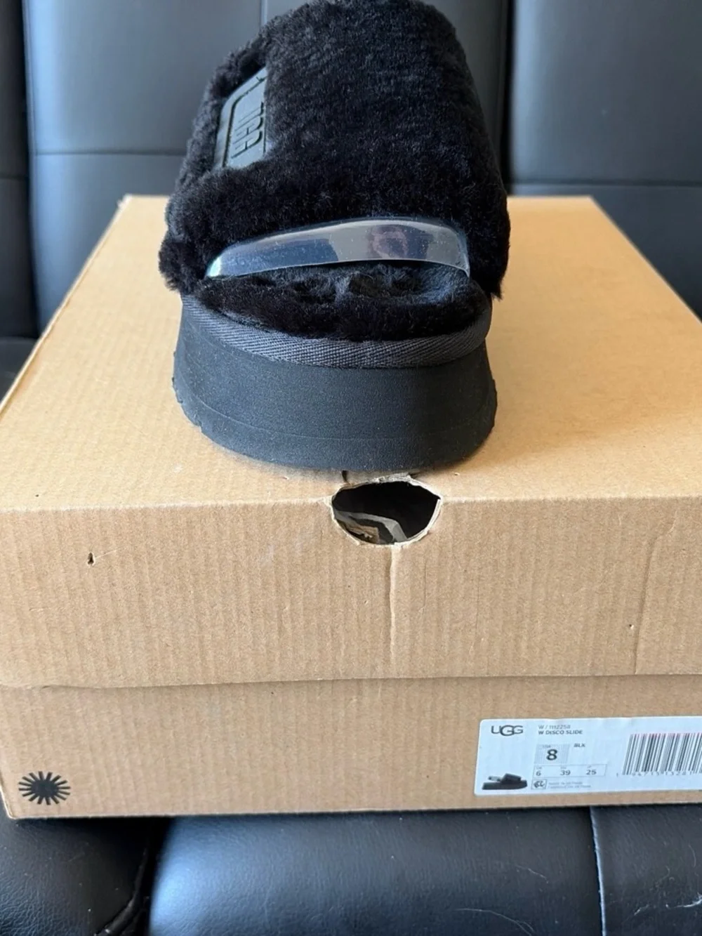 UGG Black Platform Fluff Slide Sandals with Branded Strap